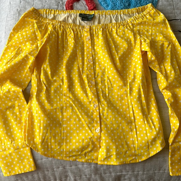Ralph Lauren Tops - Ralph Lauren Yellow and White Polka Dot Long Sleeved Off-the-Shoulder Top